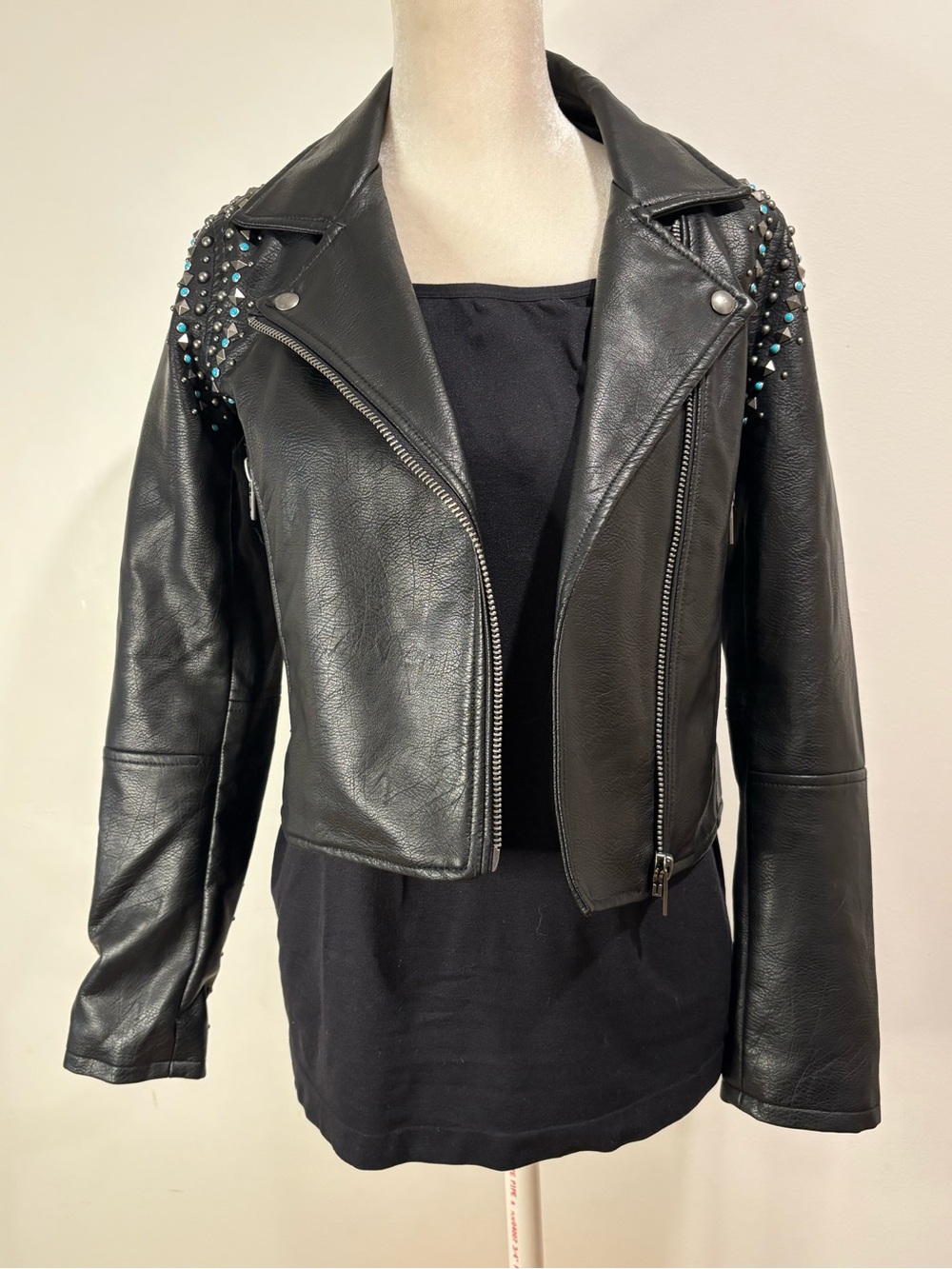 BLANKNYC XS Black Turquoise Studded Vegan Leather Moto Jacket Biker Alternative